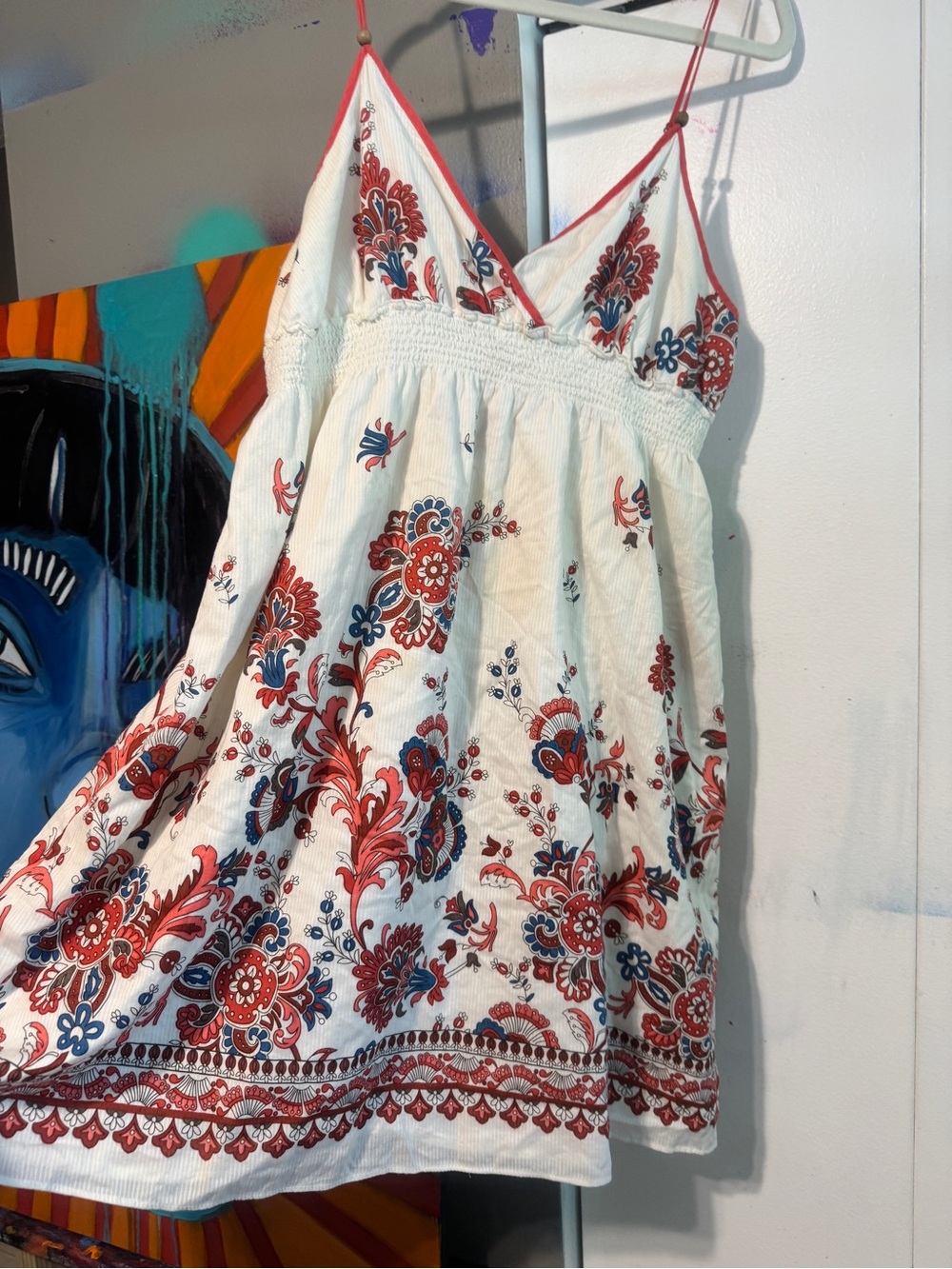 Aeropostale XL White Red Blue Floral Cotton Cami Sundress Empire Waist Lined - Picture 3 of 9